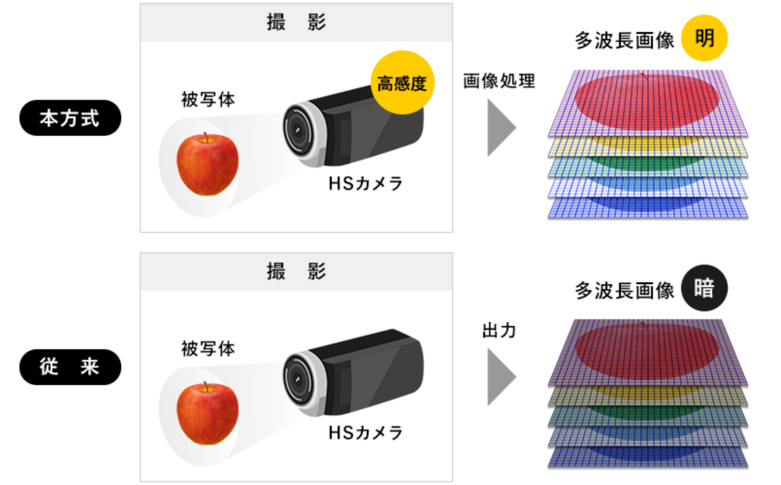 本方式と従来の他波長画像の比較画像