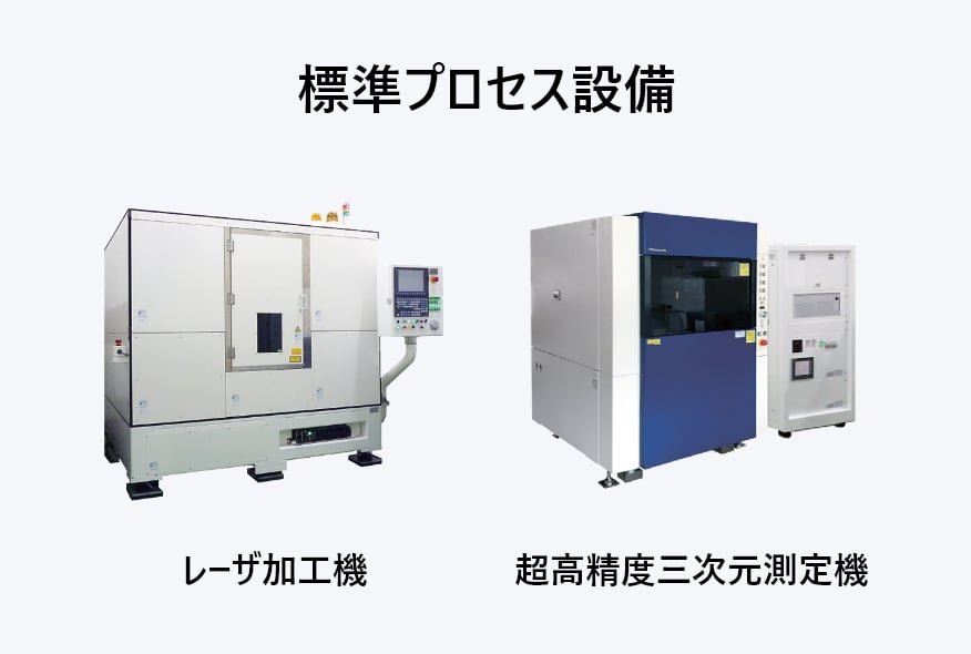 標準プロセス設備 左からレーザ加工機、超高精度三次元測定機