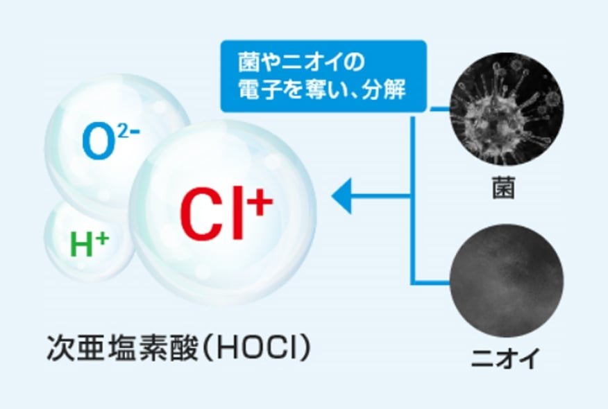 次亜塩素酸（HOCI）が菌やニオイの電子を奪い、分解
